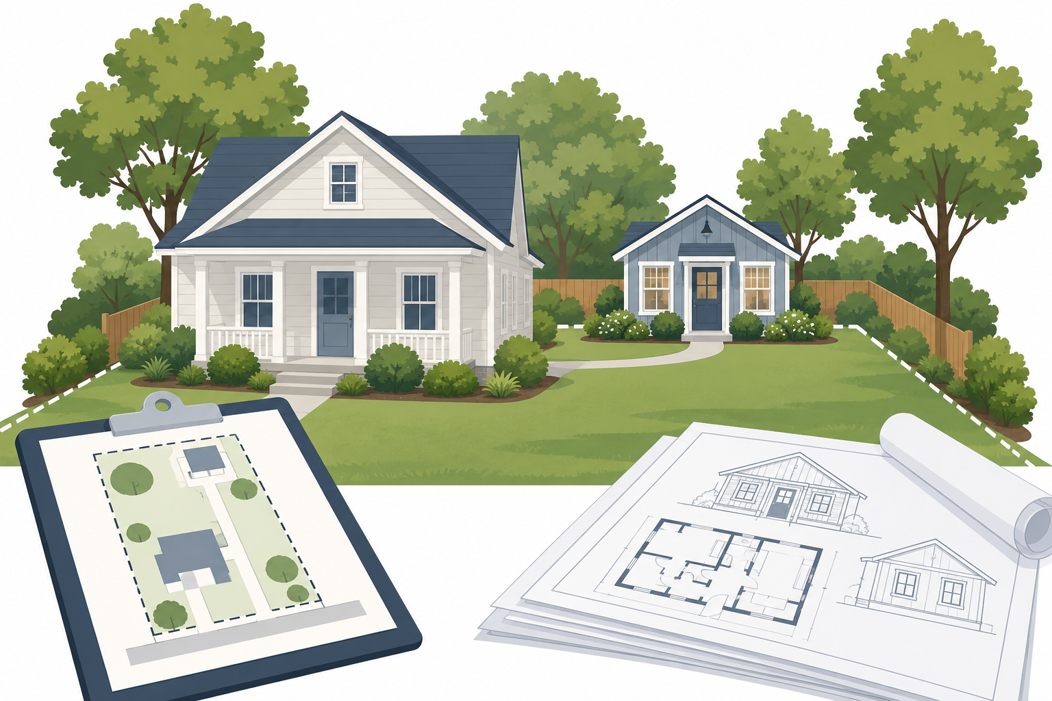 A detached backyard cottage sits within a residential lot while the owner prepares site and building plans.